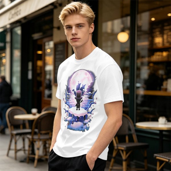 Olive T-Shirt With Moonlit Pirate Ship And Silhouette Figure Print