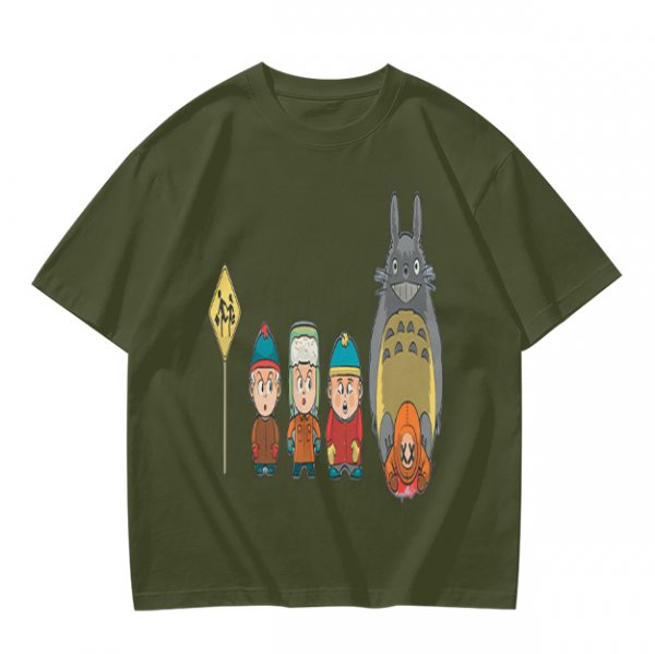 Olive T-shirt with cartoon characters print featuring Totoro and small figures