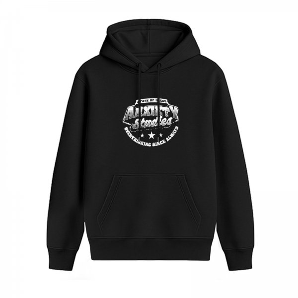 Black hoodie with anxiety studies overthinking since always graphic