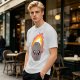 Olive green t-shirt with cute cartoon flaming asteroid graphic