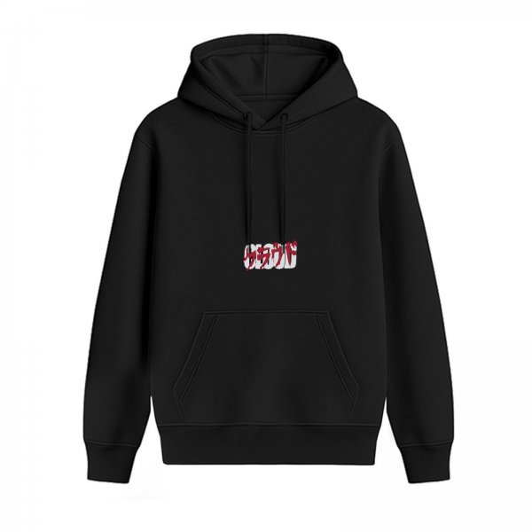 Black hoodie with red and white graphic chest print