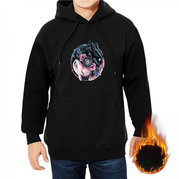 Black Hoodie With Yin Yang Dragon Floral Graphic Print