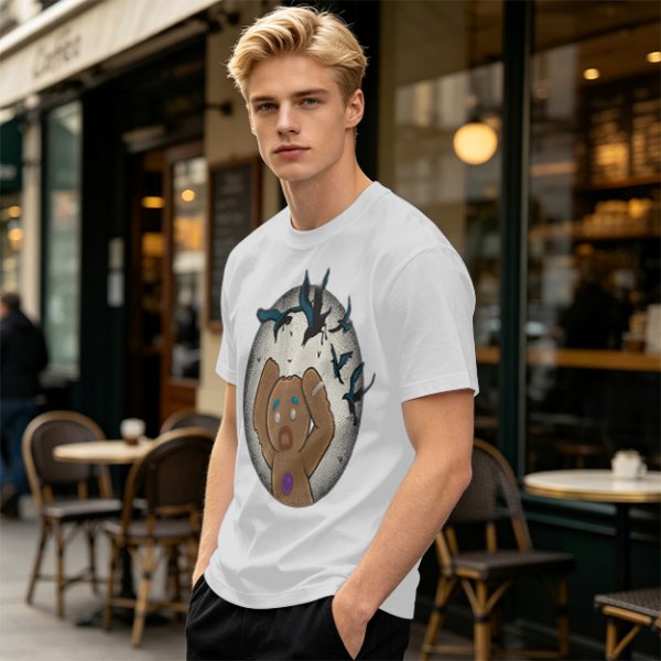 Olive T-shirt with a terrified gingerbread man and flying birds graphic