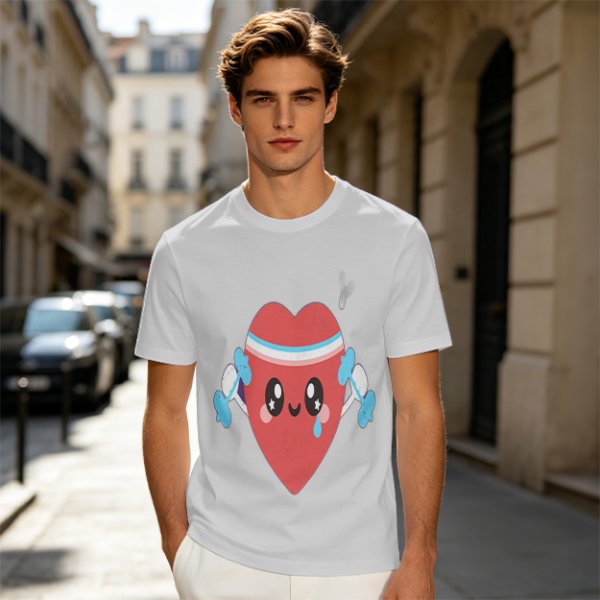 Olive T-Shirt With Cute Cartoon Heart Lifting Dumbbells Print