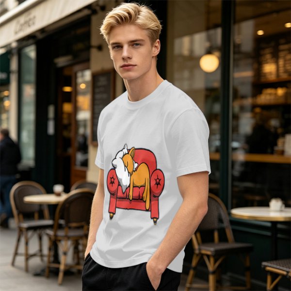 Olive green t-shirt with a sleeping orange cat on a red armchair print