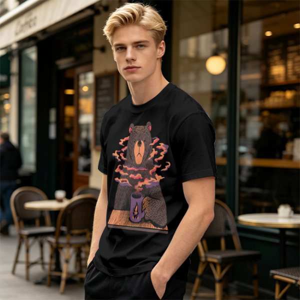 Olive T-Shirt With A Bear Holding A Campfire Mug Design