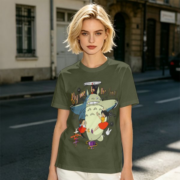 Totoro and Girls Fly Me To The Moon Graphic T-Shirt Design