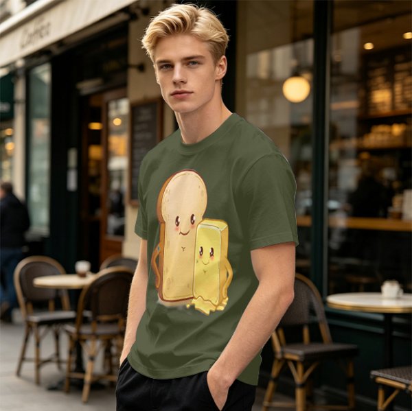 Olive T-Shirt With Cute Cartoon Bread And Butter Graphic