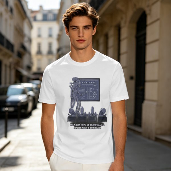 Olive green t-shirt with alien teaching plan graphic and funny text