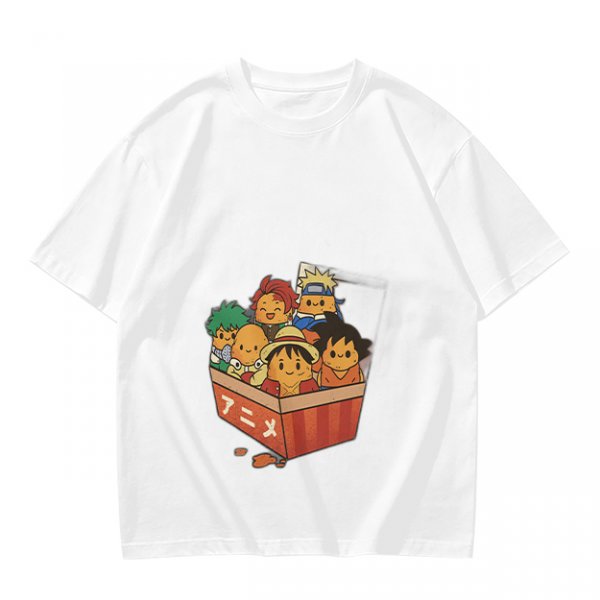 Olive T-shirt with Chibi Anime Characters in Takeout Box