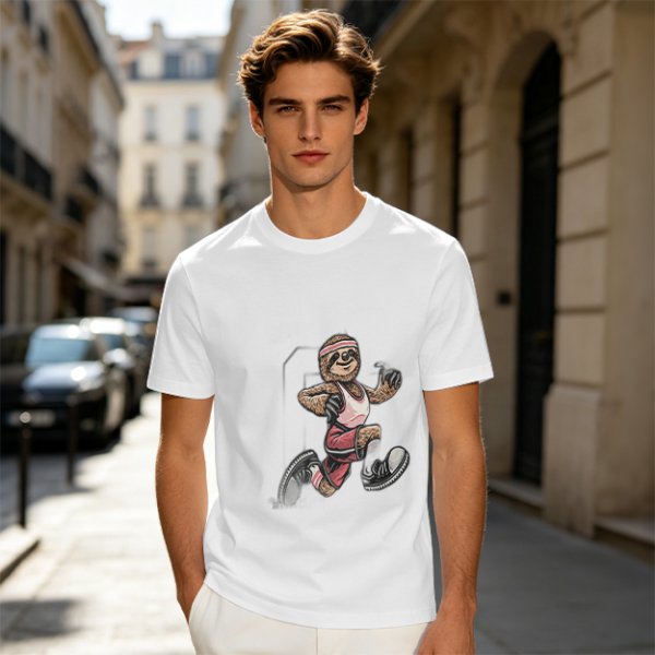 Olive T-Shirt with Cartoon Sloth Running Athlete Graphic