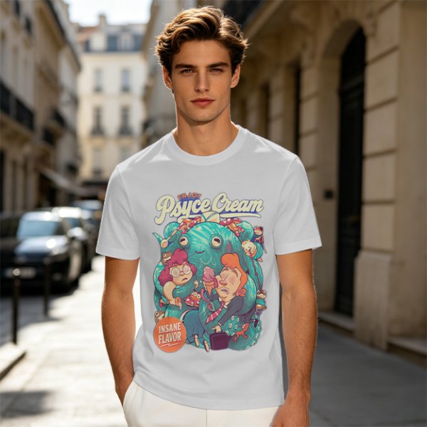 Psyce Cream Insane Flavor Graphic Tee with Whimsical Monster and Characters