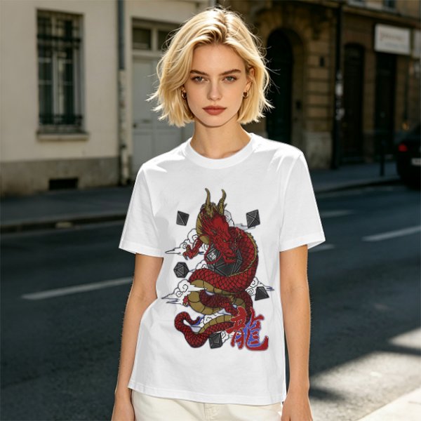 Olive T-shirt with Red Chinese Dragon and Cloud Graphic Print