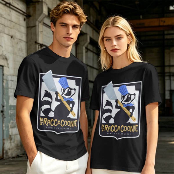 Olive green t-shirt with raccoon chef graphic and text