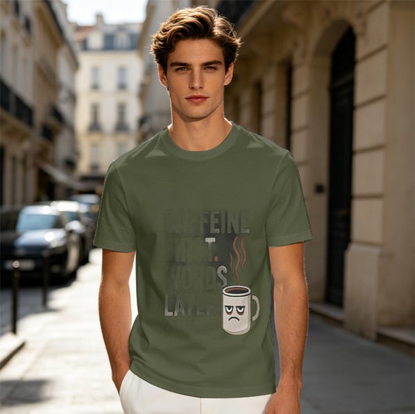 Olive t-shirt with 'Caffeine First Words Later' grumpy coffee mug print