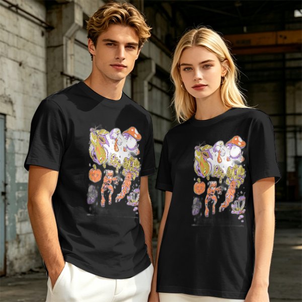Olive Green T-Shirt With Surreal Mushroom And Vegetable Graphic Print