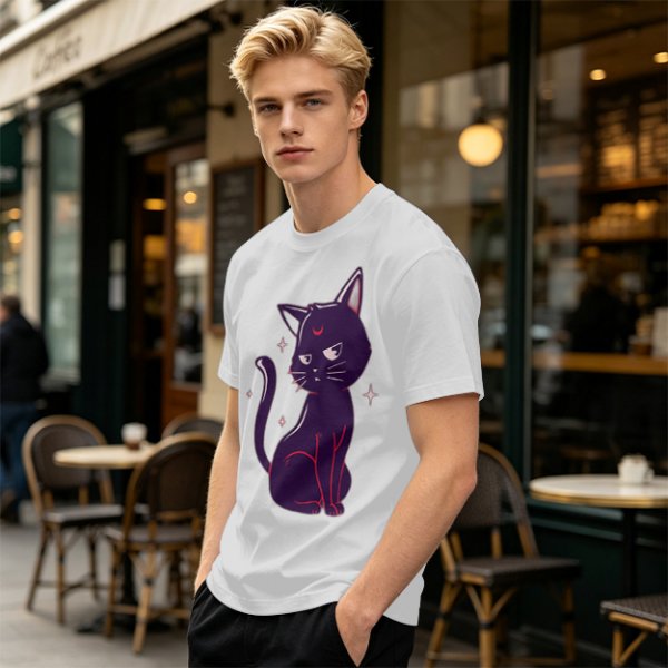 Olive T-Shirt with Sassy Black Cat and Crescent Moon Graphic