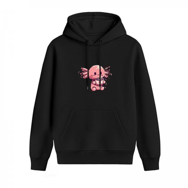 Black Hoodie With Cute Axolotl Holding Coffee Cup Print