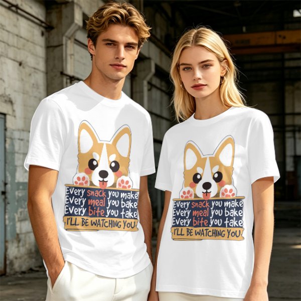 Olive t-shirt with corgi graphic and 'I'll Be Watching You' snack quote