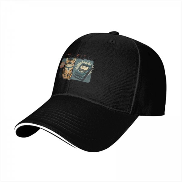 Black baseball cap with retro grumpy tabby cat and old mobile print