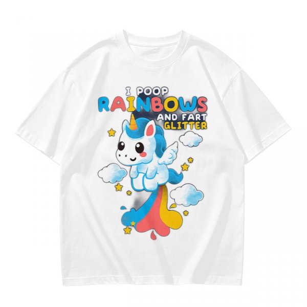 Olive t-shirt with playful unicorn rainbow poop and glitter fart graphic