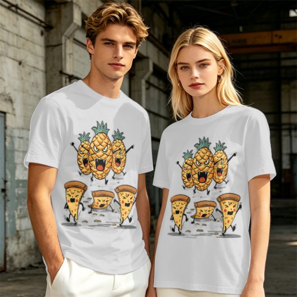 Olive T-Shirt With Angry Pineapple And Pizza Slice Cartoon Print