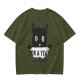 Olive graphic t-shirt with black cat holding 'for a year or two' text