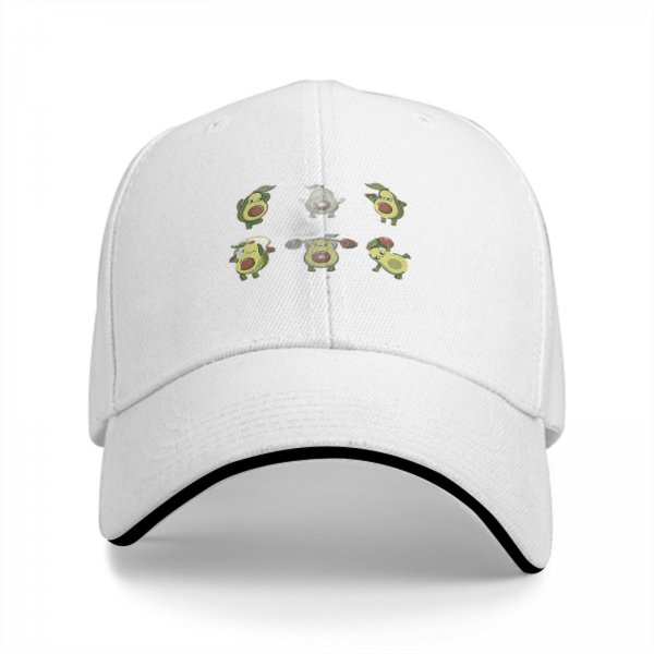 Black baseball cap with cartoon fitness avocado illustrations
