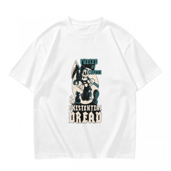 Olive graphic t-shirt with 'Fueled by Coffee & Existential Dread' grim reaper print