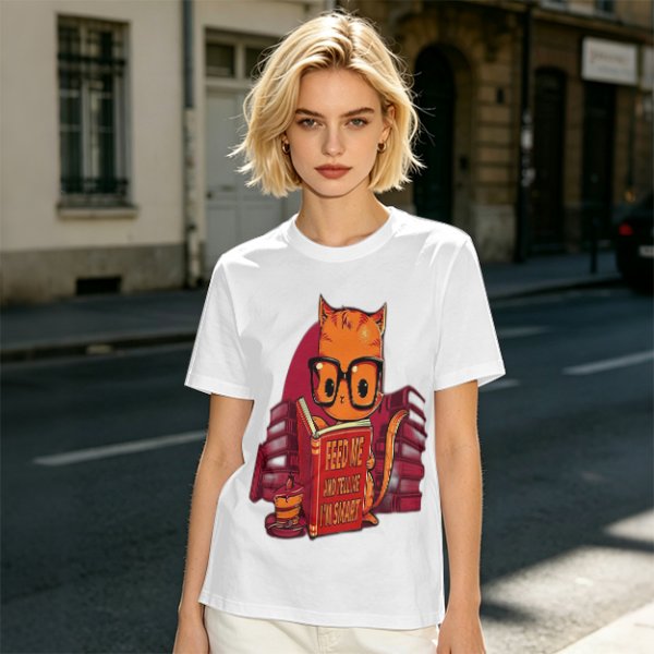 Olive T-Shirt With Nerdy Ginger Cat Reading Book Print