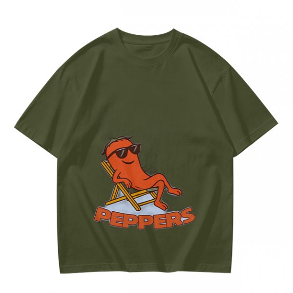 Olive T-shirt with Relaxed Cartoon Chili Pepper Wearing Sunglasses and Peppers Text
