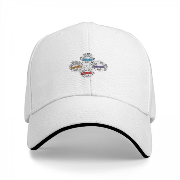 Black baseball cap with four stylized older women wearing colored visors