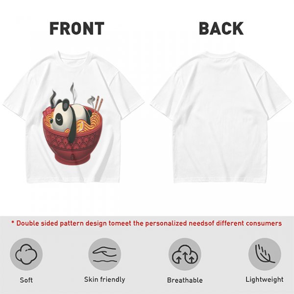 Olive green t-shirt with a panda relaxing in a steaming ramen bowl print