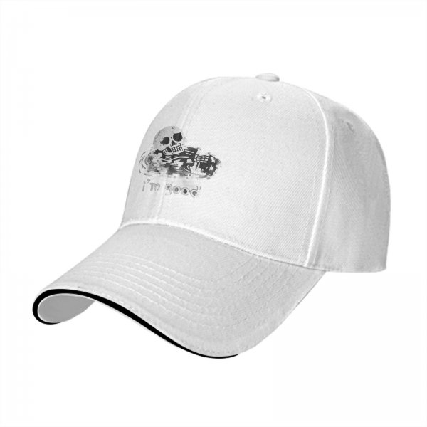 Black baseball cap with skull graphic and 'i'm good' text
