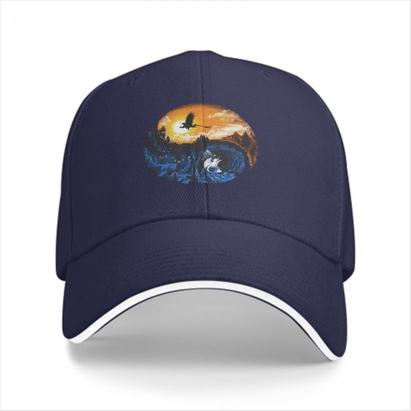 Black baseball cap with yin-yang dragon sunset and night artwork