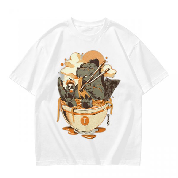 Olive T-Shirt Featuring Godzilla Eating Ramen Noodles
