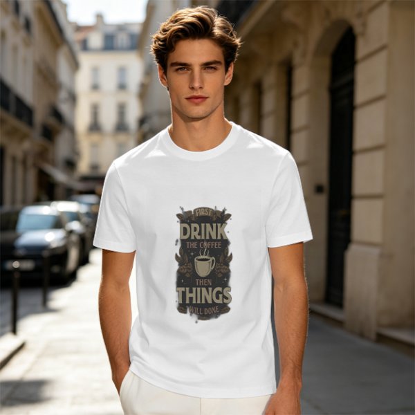 Olive green coffee graphic t-shirt with 'First drink the coffee then things will done' text