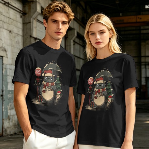 Christmas Totoro at Bus Stop Graphic T-Shirt