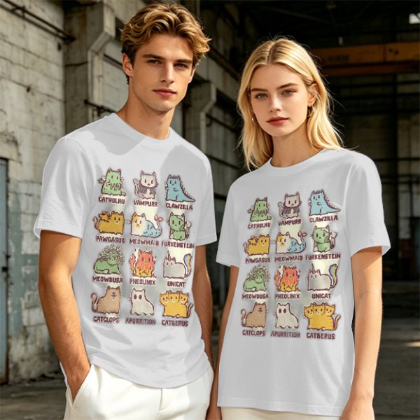 Olive green t-shirt with cute mythical monster cat graphic prints