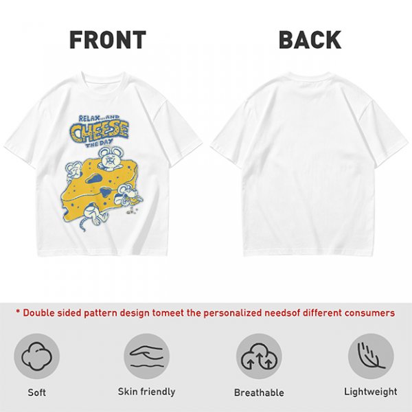 Olive graphic t-shirt with 'Relax and Cheese the Day' and mice on cheese
