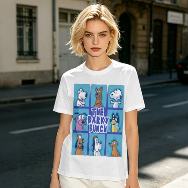 Olive green t-shirt with The Barky Bunch cartoon dog graphic