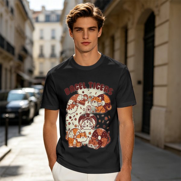 Olive Green T-Shirt With Cute Bagel Tigers Graphic Print
