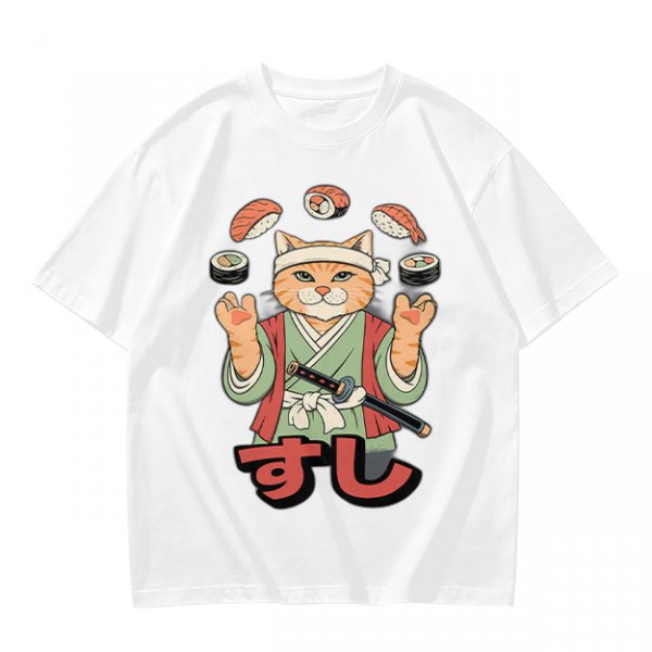 Olive T-Shirt With Cat Sushi Chef Juggling Sushi Print