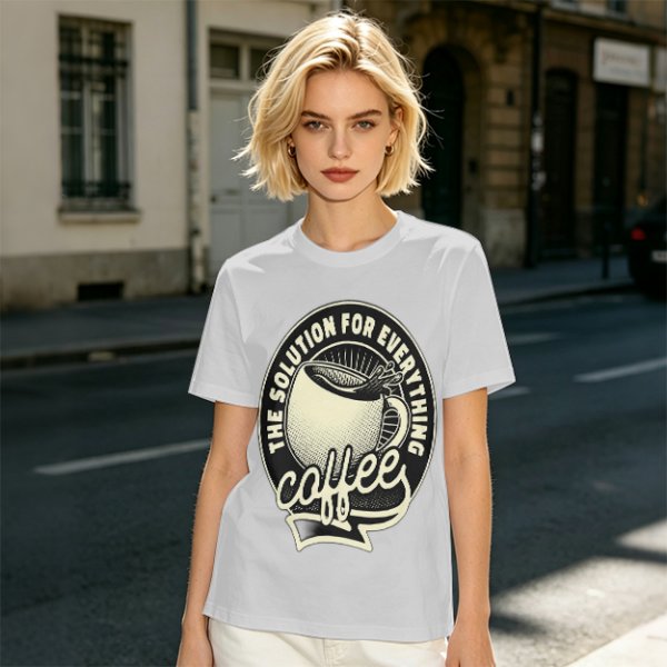 Olive t-shirt with coffee themed 'the solution for everything' print