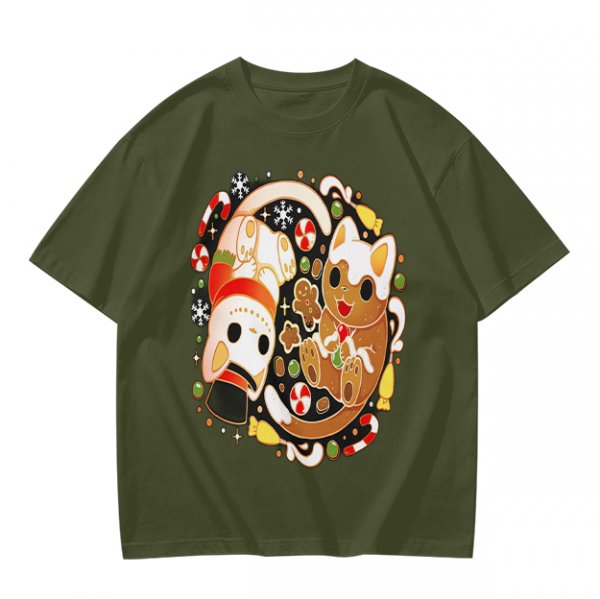 Olive Green T-Shirt With Christmas Cat Gingerbread Candy Print
