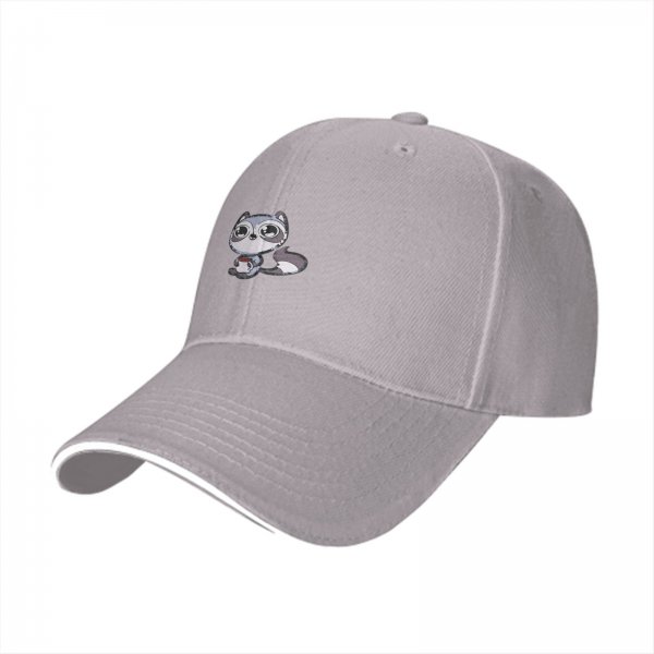 Black baseball cap with cute raccoon holding a coffee cup graphic