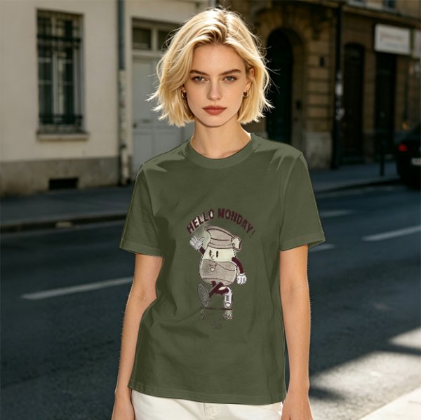 Olive Green T-Shirt with 'Hello Monday!' Coffee Character Graphic