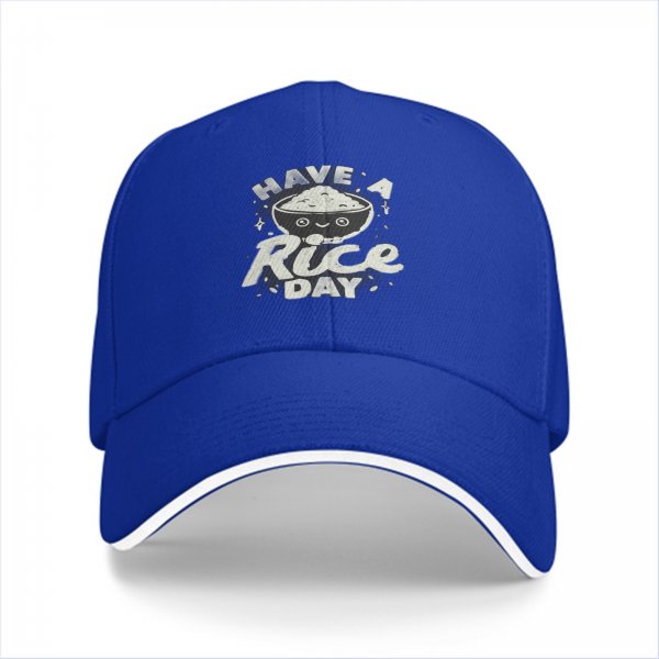 Black baseball cap with 'Have A Rice Day' kawaii rice bowl graphic
