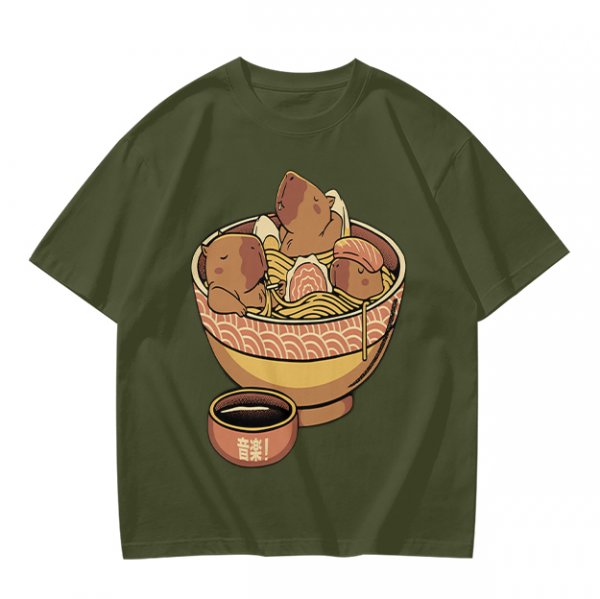 Olive Green T-Shirt With Capybara Ramen Bowl Print