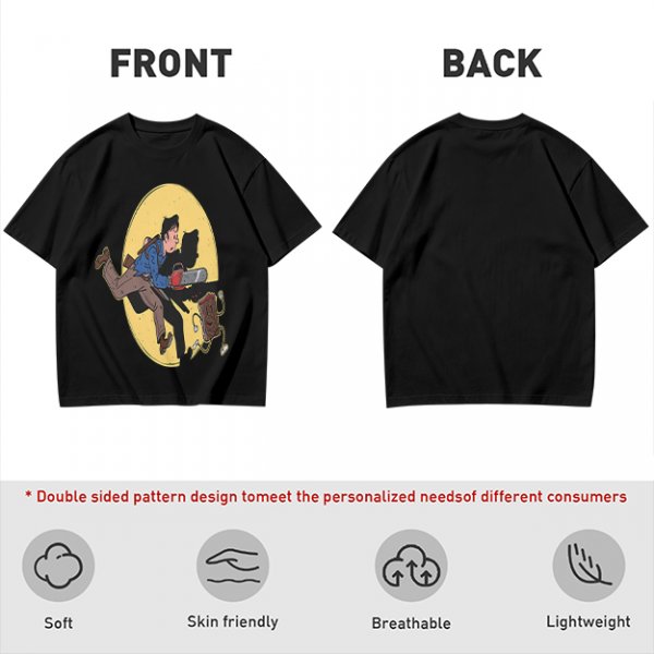 Olive T-shirt with Cartoon Chainsaw Action Character Print